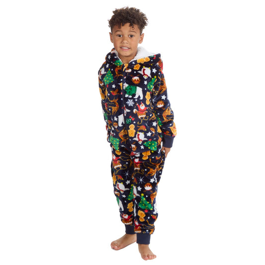 Kids All Over Print Fleece Christmas Onesie - Navy (2-6 Years)
