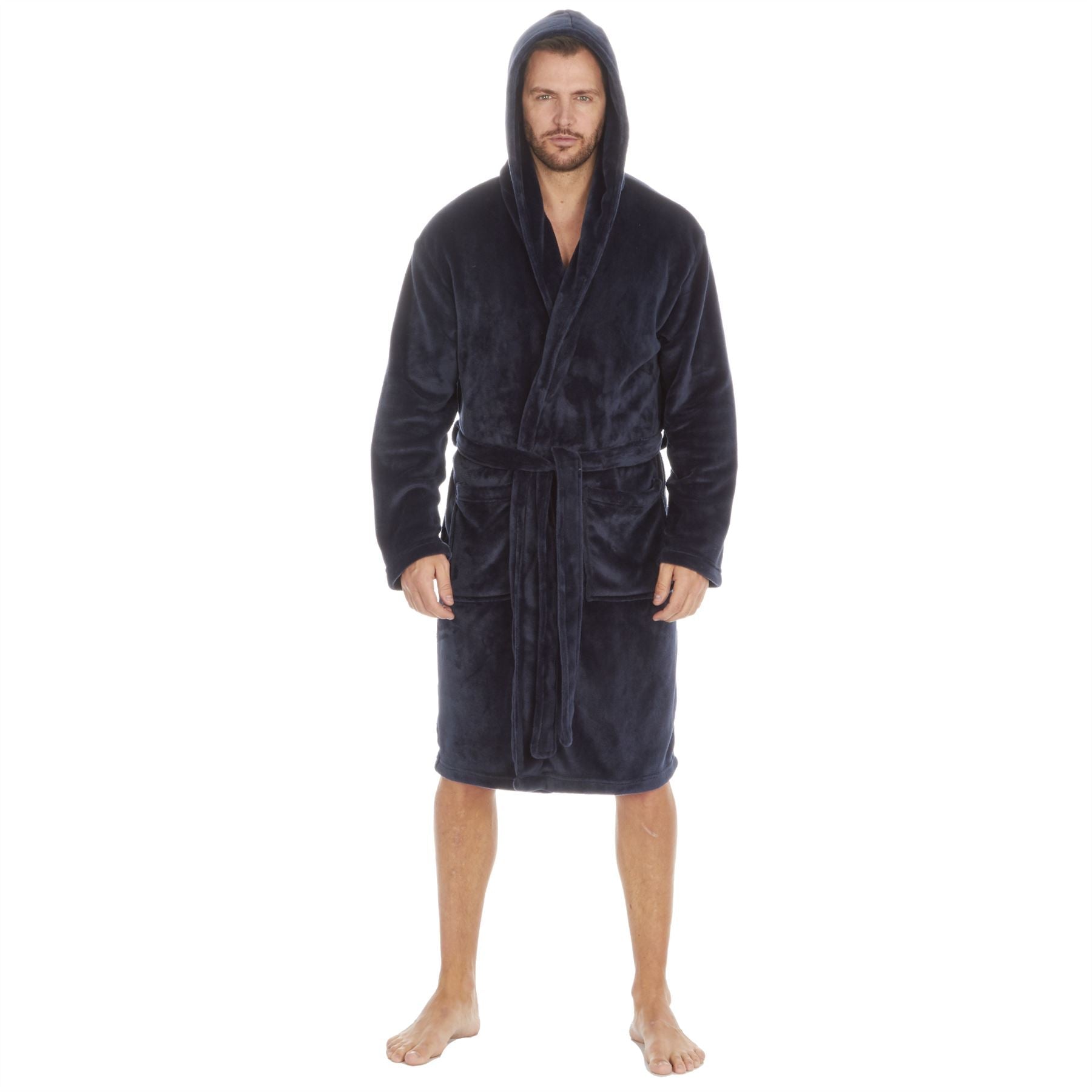 Pierre Roche Mens Flannel Fleece Hooded Robe - Navy (3XL-5XL) Pierre Roche