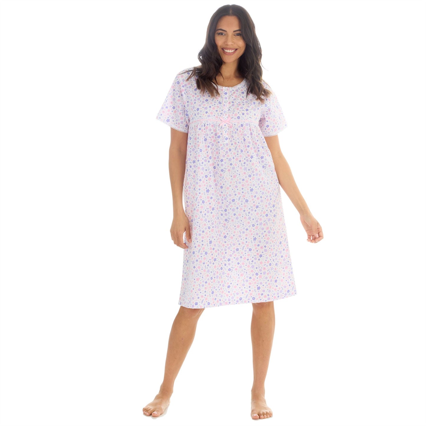 Countess Christie Short Sleeve Woven Poplin Floral Nightdress - Purple/Pink