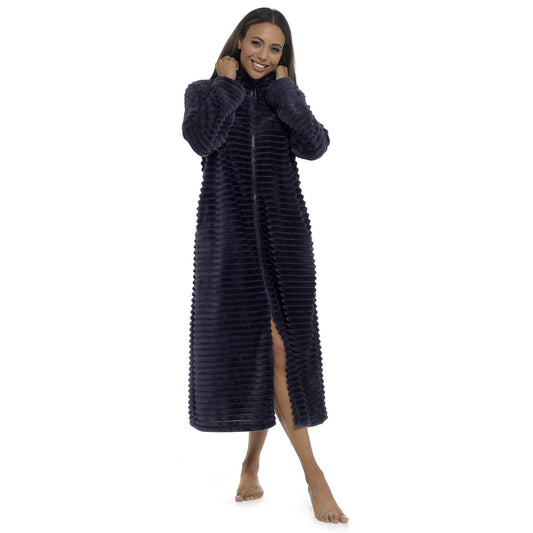 Wolf and Harte Womens Zip Through Ribbed Fleece Robe - Navy