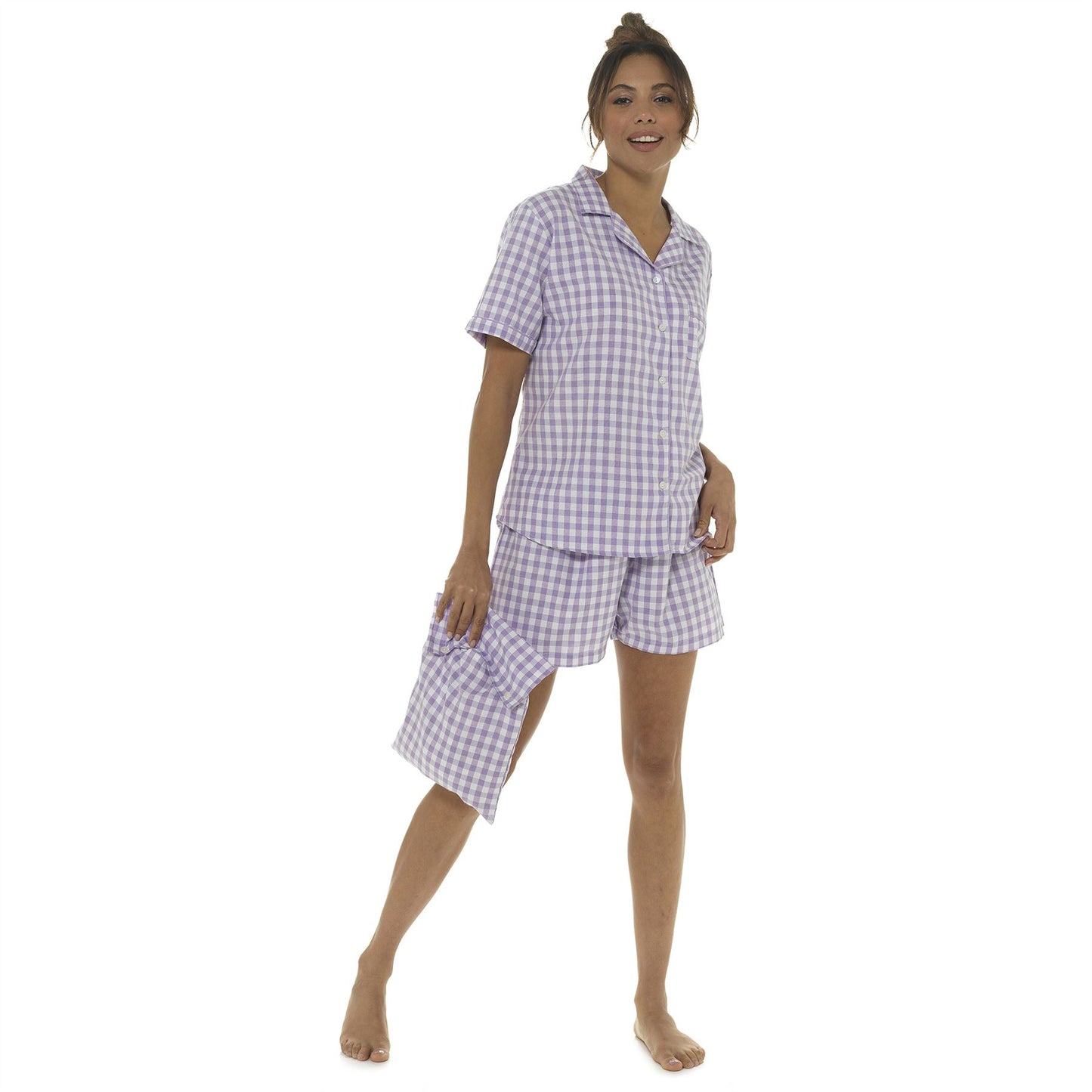 Foxbury Womens Woven Check Top and Shorts Set - Lilac