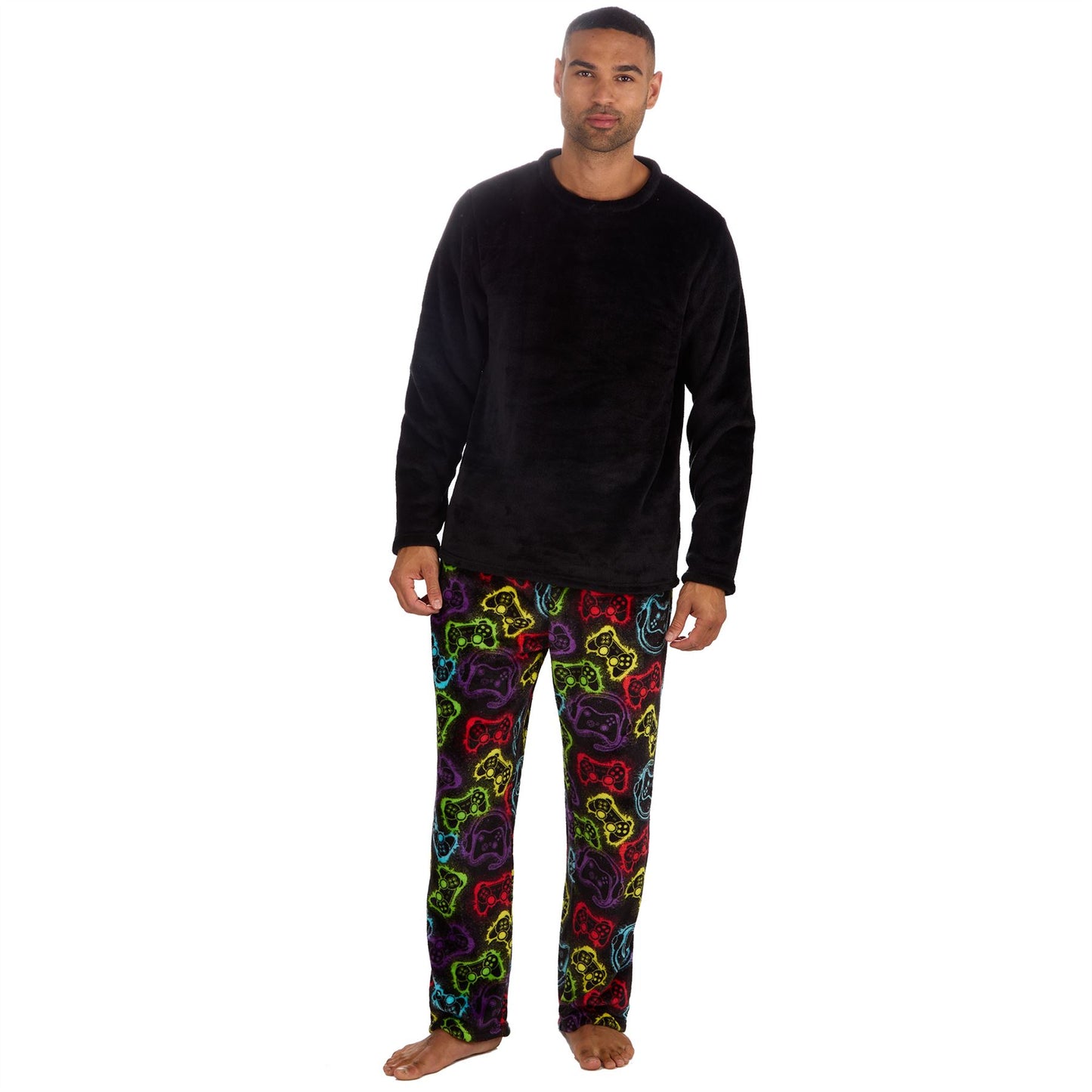 Cargo Bay Mens Fleece Gamer Print Pyjamas - Black/Multi