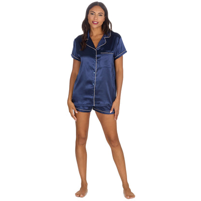 Slumber Party Womens Satin Pyjama Top and Shorts - Navy