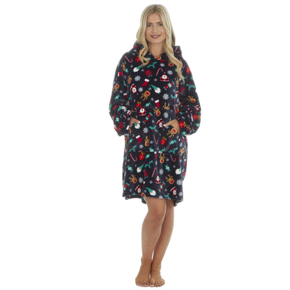 Slumber Party Unisex Christmas Print Oversized Fleece Hoodie - Navy