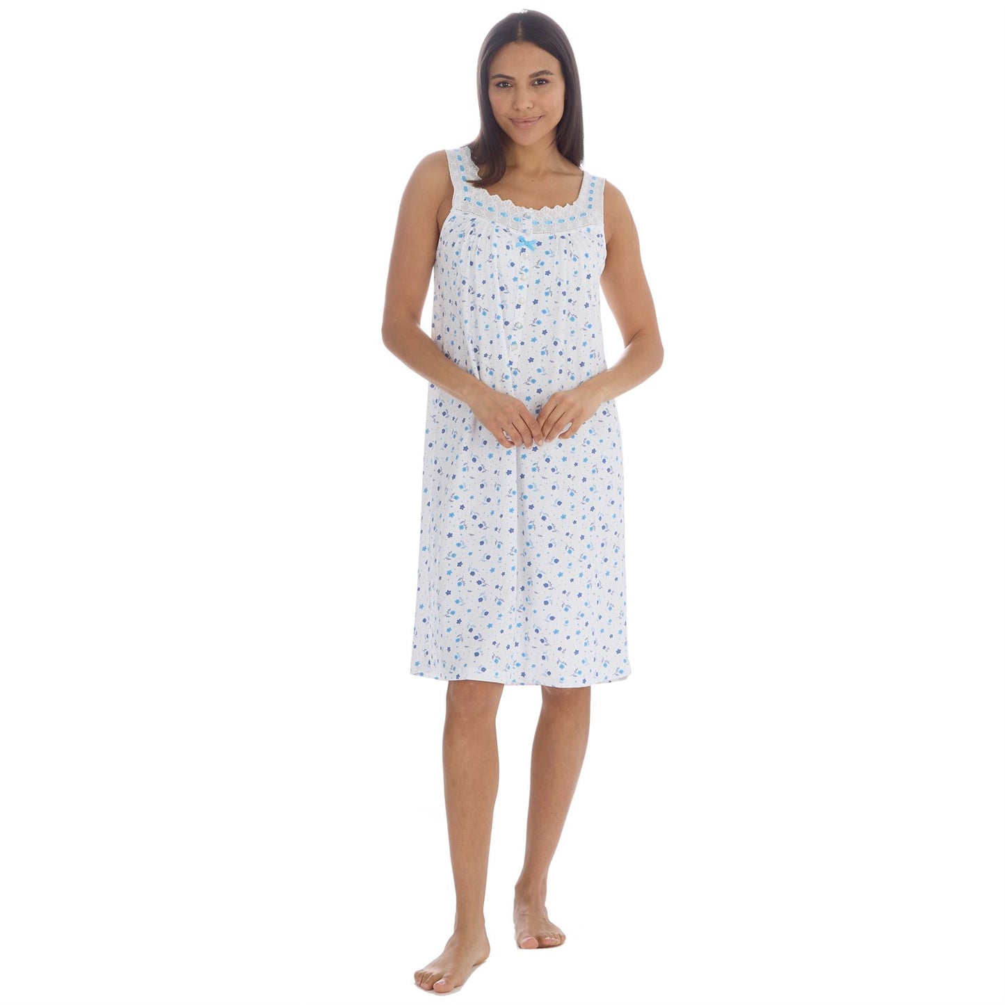 Cottonique Sleeveless Floral Nightdress - White/Blue Cottonique