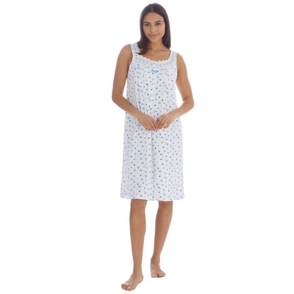 Cottonique Sleeveless Floral Nightdress - White/Blue Cottonique