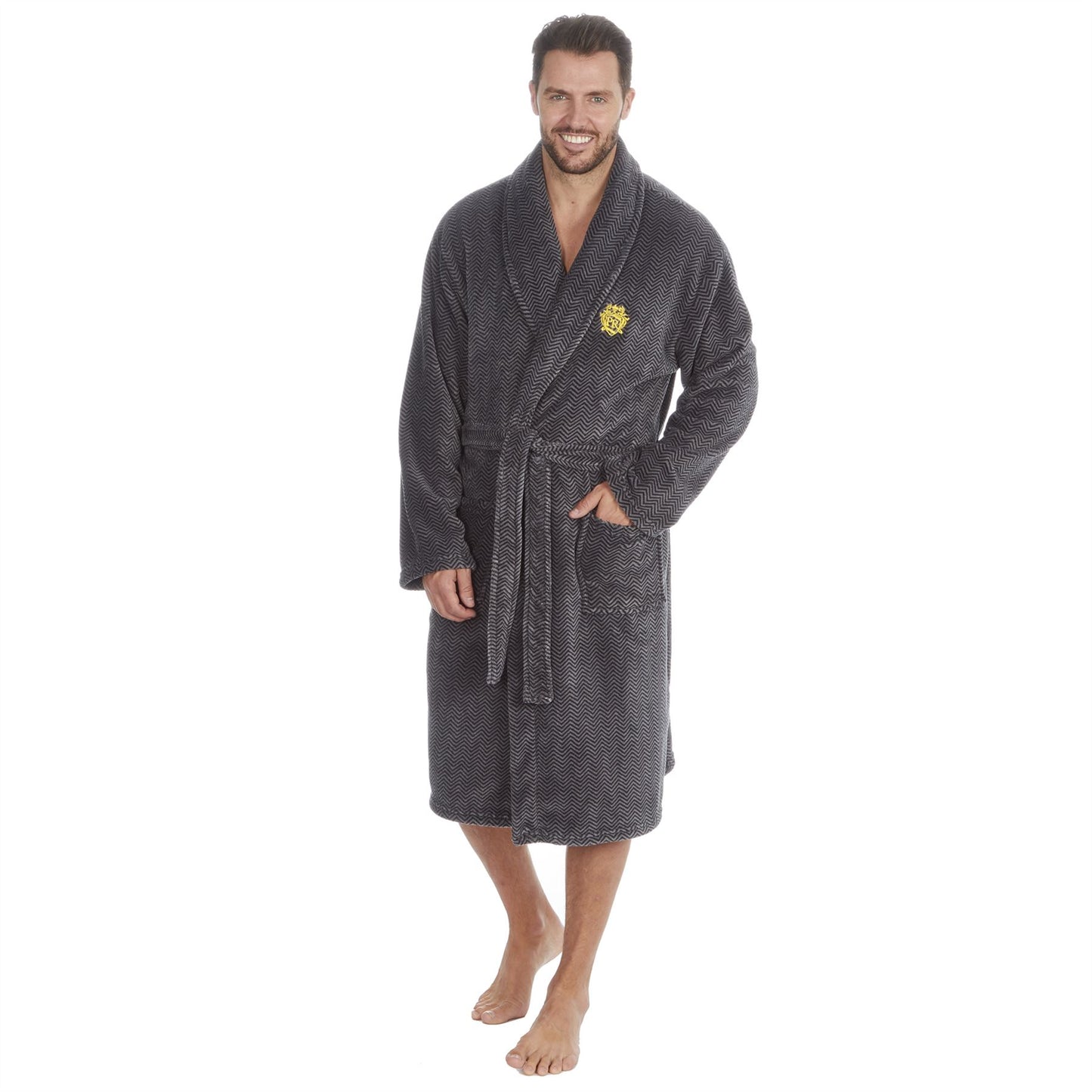 Pierre Roche Mens Chevron Shawl Collar Fleece Robe - Grey