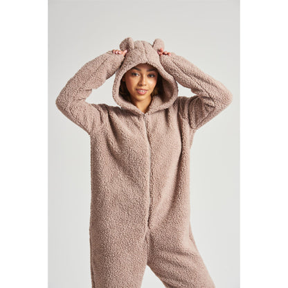 Loungeable Womens Sherpa Fleece Teddy Bear Onesie - Mink