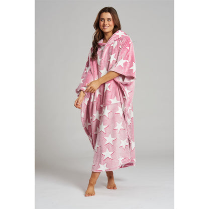 Loungeable Womens Star Long Luxury Fleece Hooded Poncho - Pink