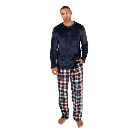 Cargo Bay Mens Crew Neck Fleece Pyjamas - Navy/Burgundy Check Cargo Bay