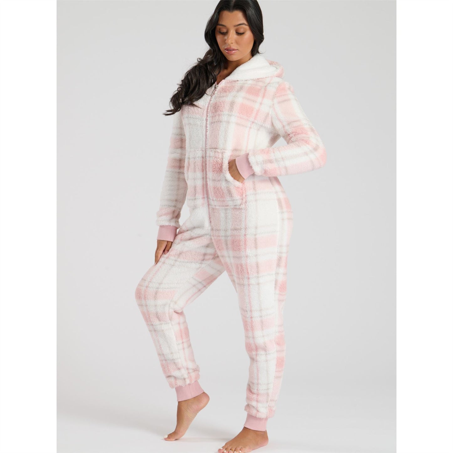 Loungeable Womens Well Soft Check Fleece Onesie - Pink