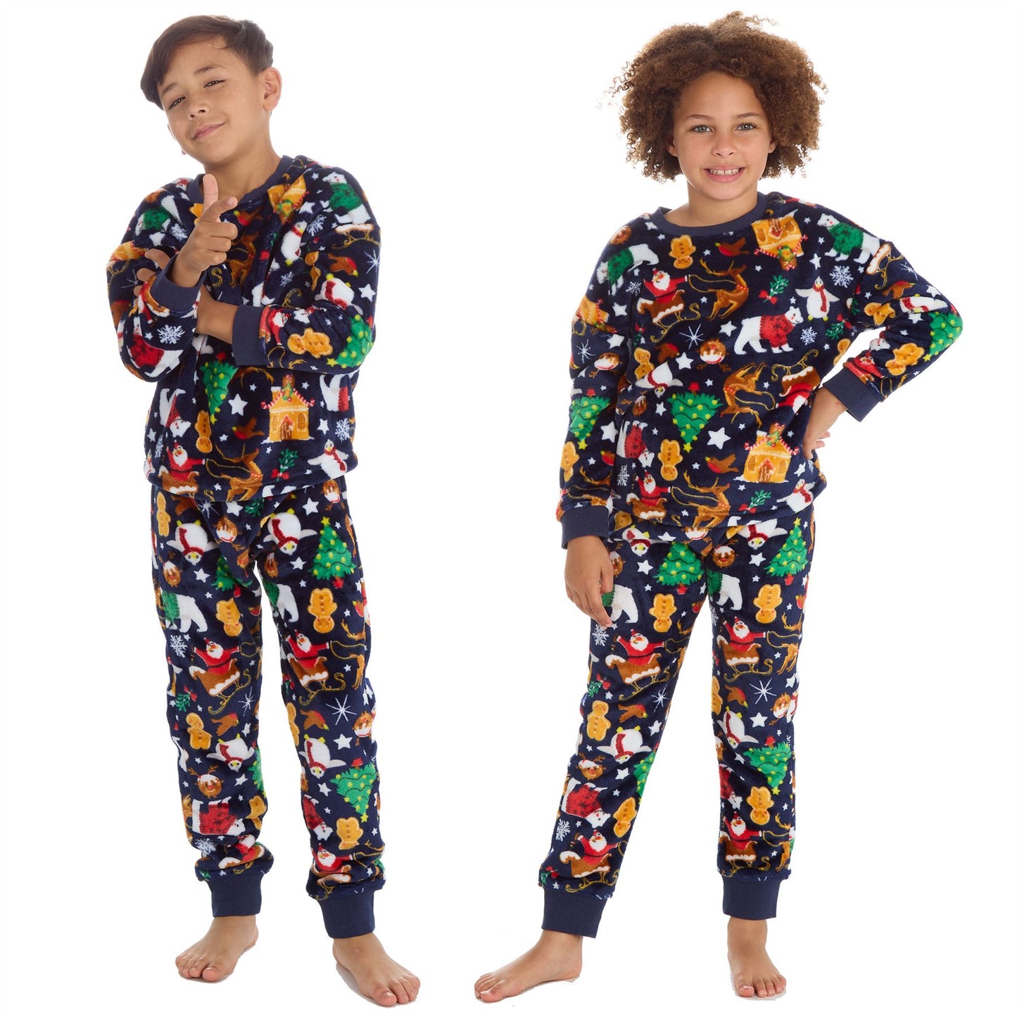Kids All Over Print Fleece Christmas Pyjamas - Navy (7-13 Years)