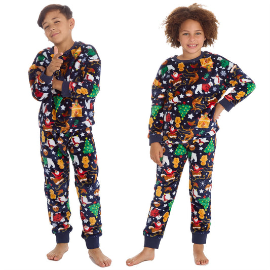Kids All Over Print Fleece Christmas Pyjamas - Navy (7-13 Years)