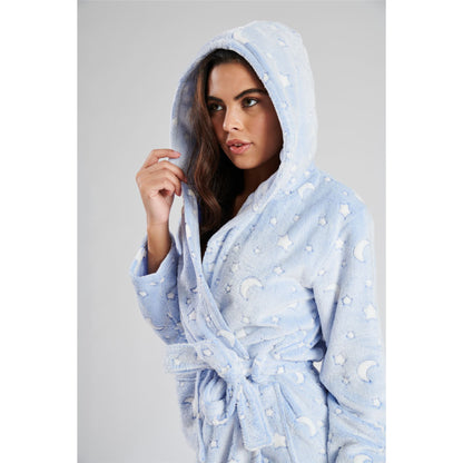 Loungeable Womens Moon/Stars Fleece Hooded Robe - Blue