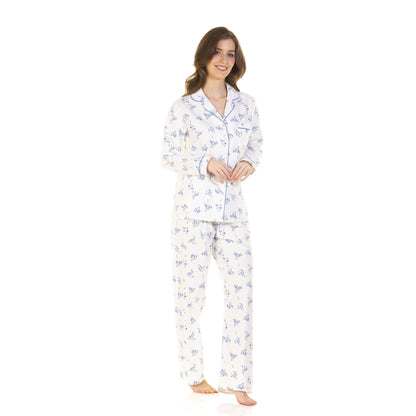 Sue Marks Womens Floral Button Through Brushed Cotton Pyjamas - Blue