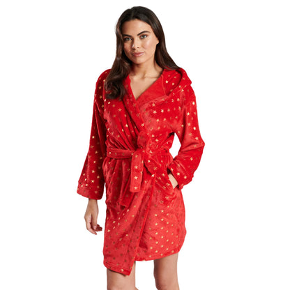 Loungeable Womens Star Fleece Hooded Robe - Red/Gold