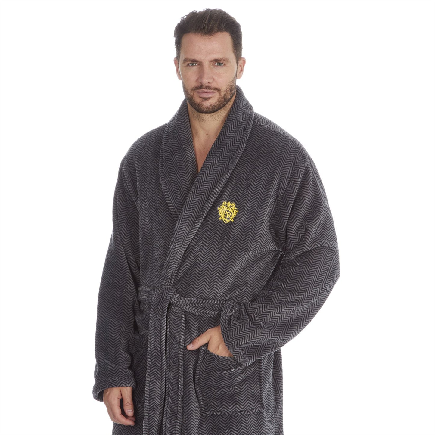 Pierre Roche Mens Chevron Shawl Collar Fleece Robe - Grey