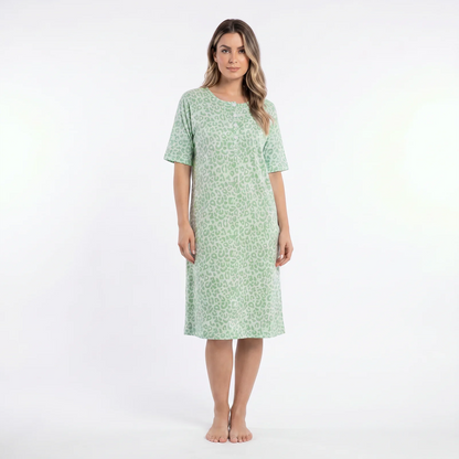Fine Woman Womens Animal Print Short Sleeve Nightdress - Green Fine Woman