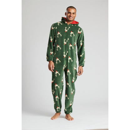 Loungeable Mens Reindeer Fleece Onesie - Green