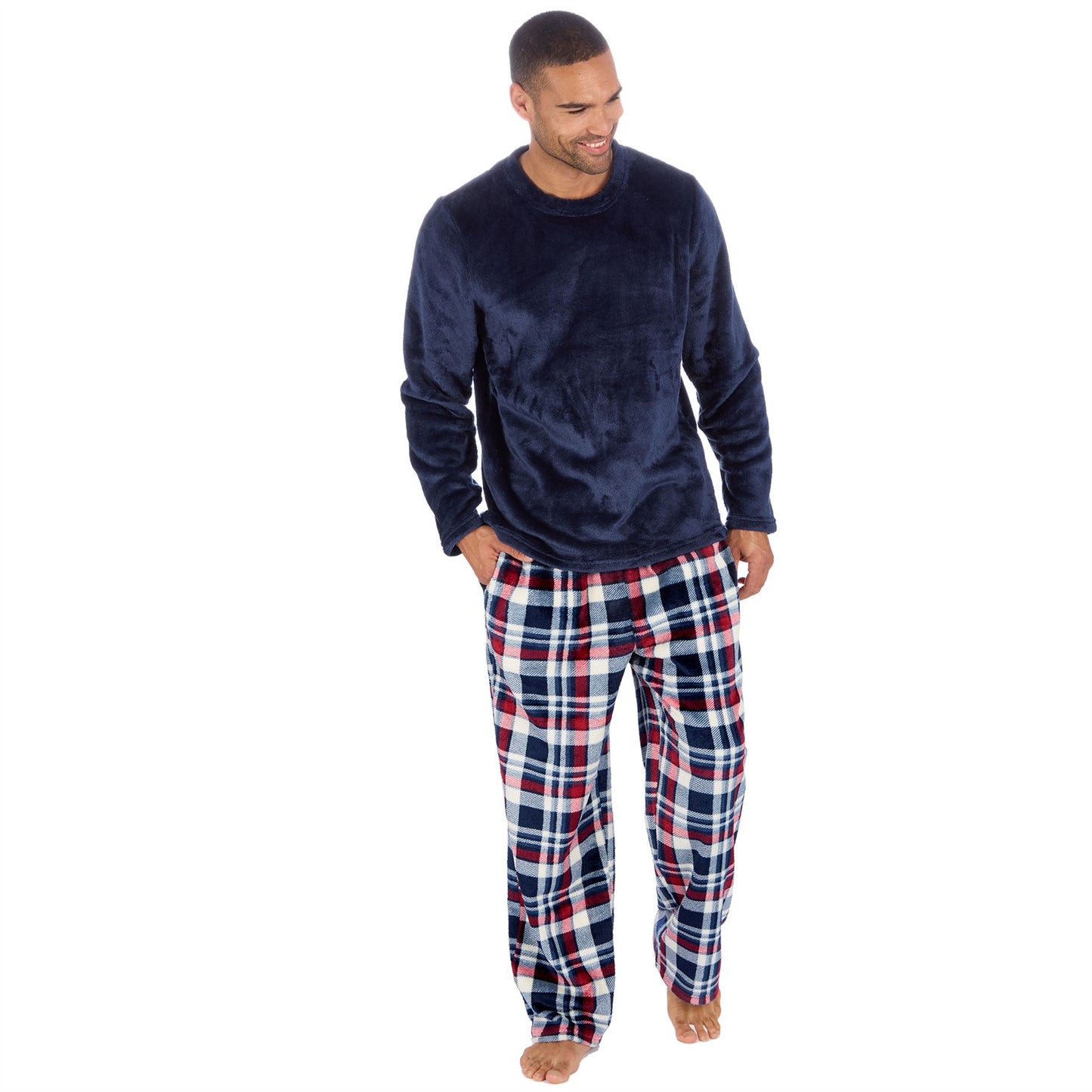 Cargo Bay Mens Fleece Check Pyjamas - Navy/Burgundy Check