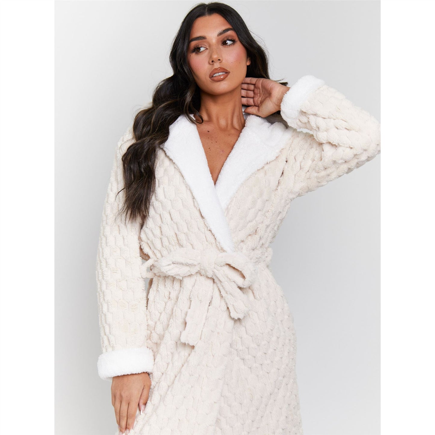 Loungeable Luxury Geometric Fleece Hooded Maxi Robe - Cream