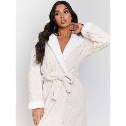 Loungeable Luxury Geometric Fleece Hooded Maxi Robe - Cream