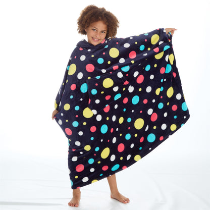 Huggable Hoodie Kids Fleece Oversized Poncho - Navy Spots