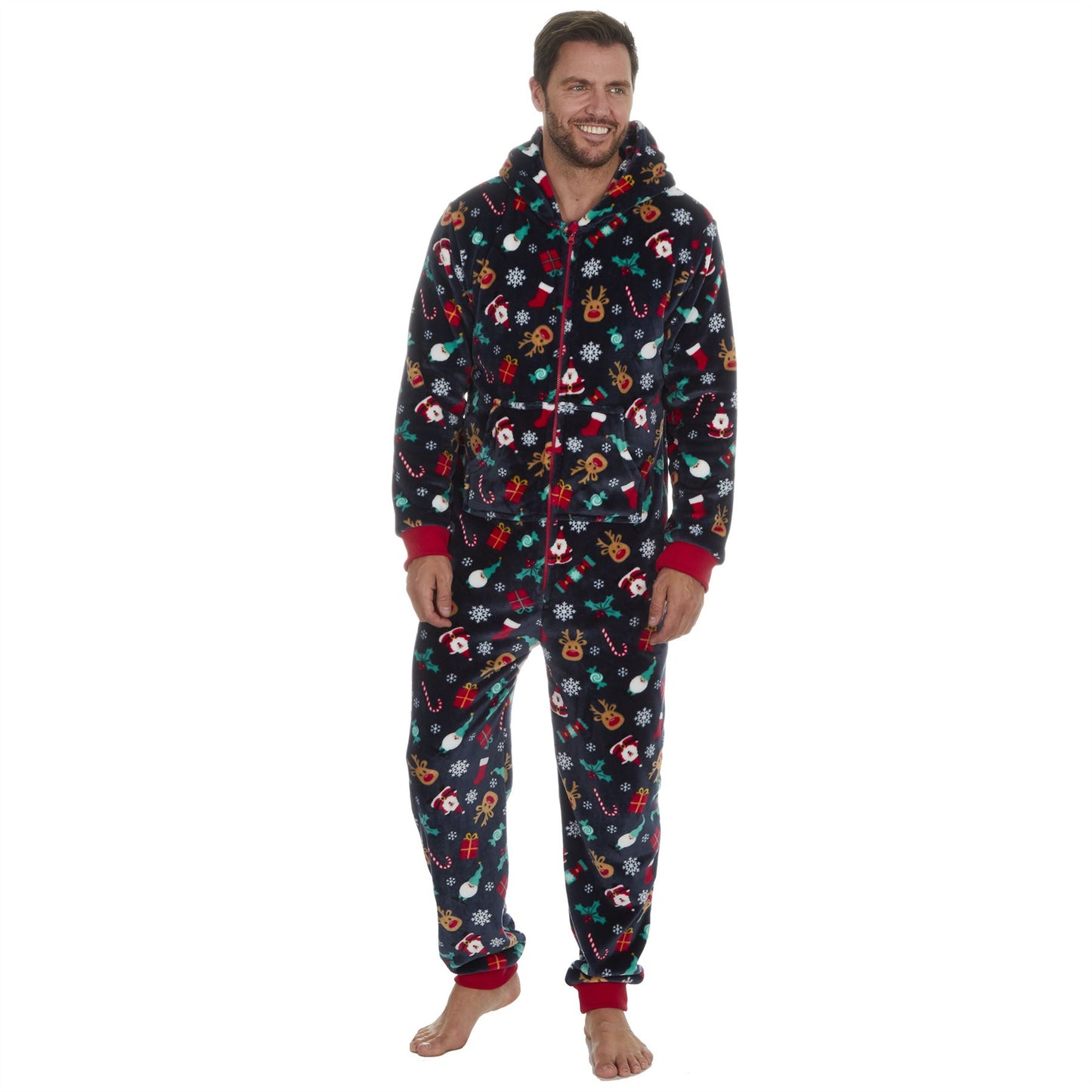 Slumber Party Unisex Christmas Print Flannel Fleece Onesie - Navy