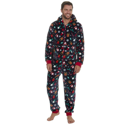 Slumber Party Unisex Christmas Print Flannel Fleece Onesie - Navy