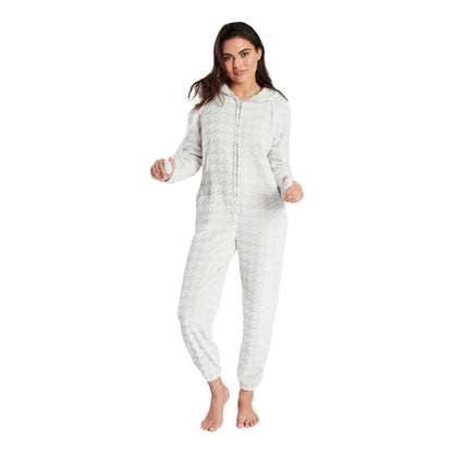 Loungeable Womens Houndstooth Fleece Onesie - Grey