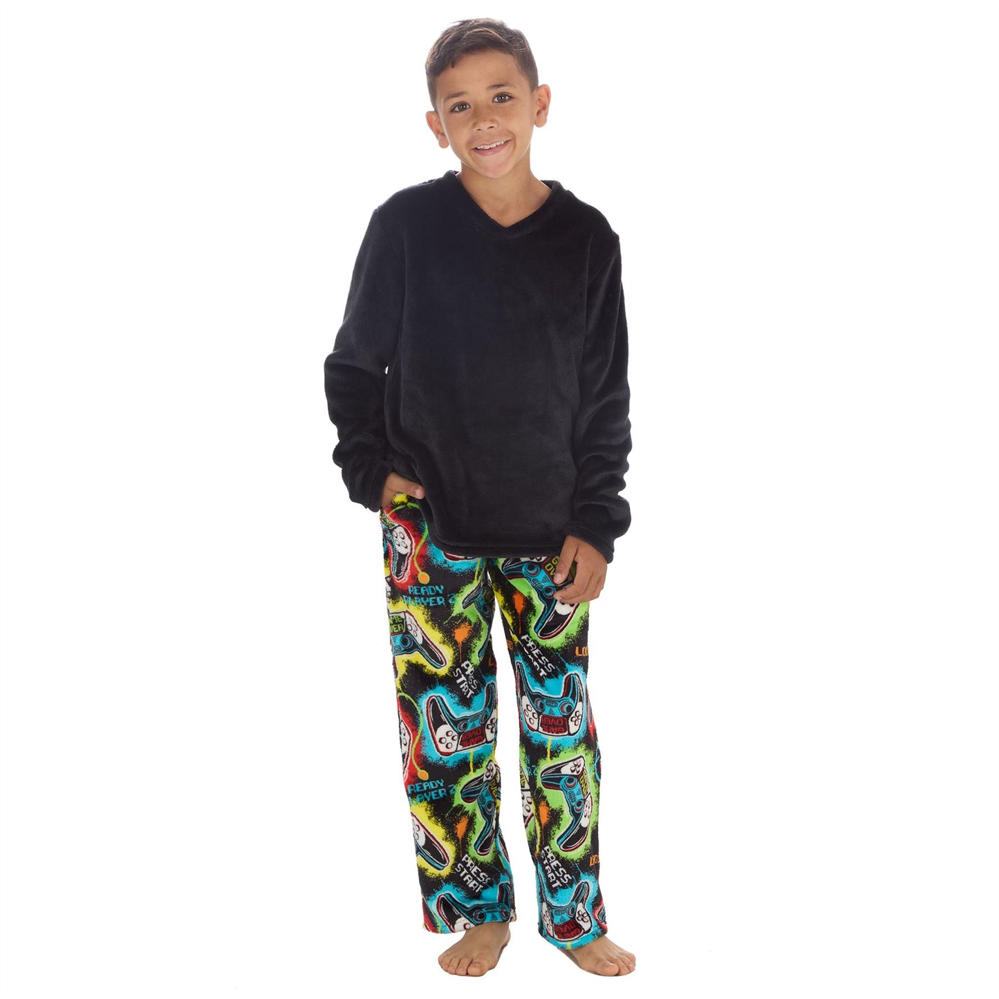 Cargo Bay Kids Fleece Gamer Pyjamas - Black/Multi