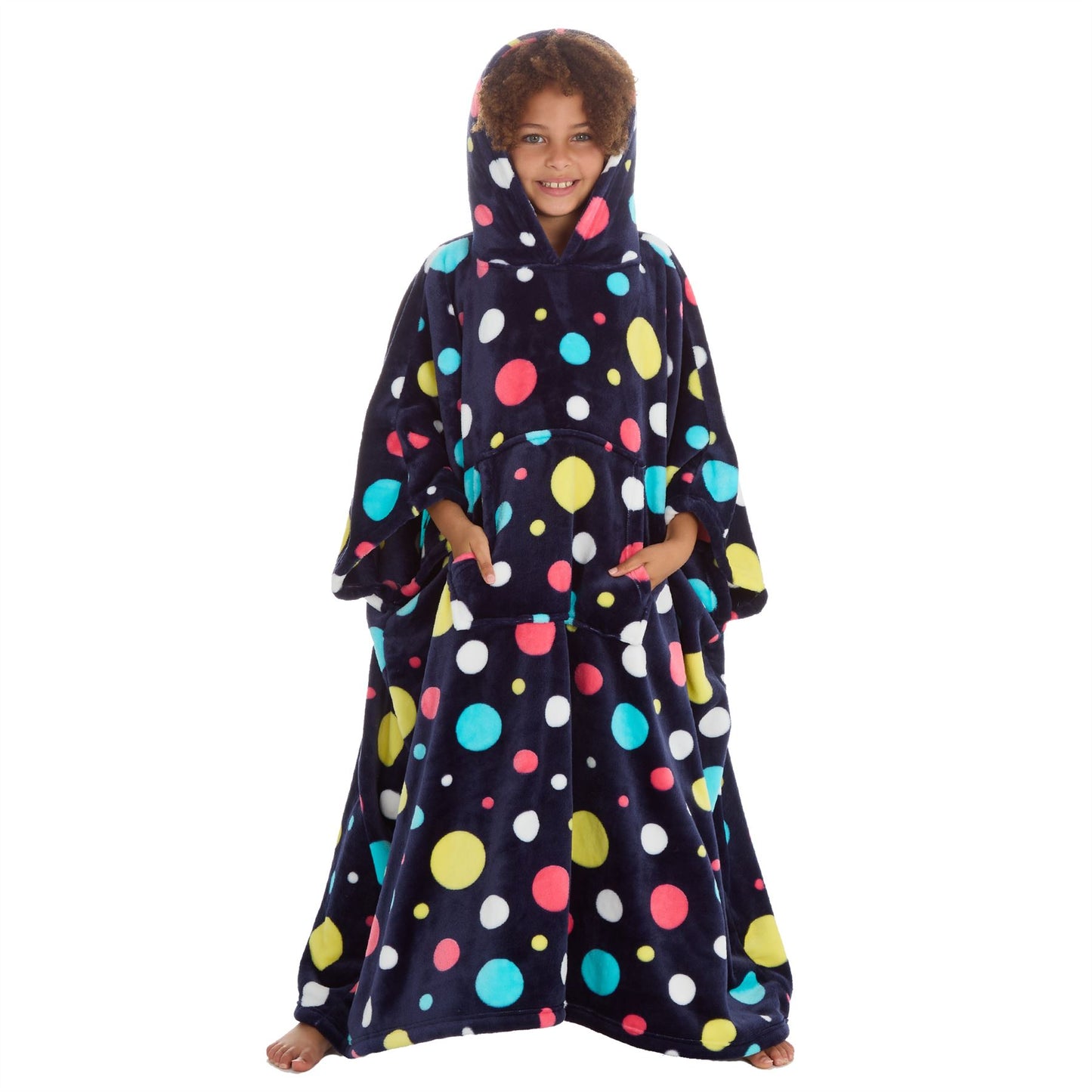 Huggable Hoodie Kids Fleece Oversized Poncho - Navy Spots