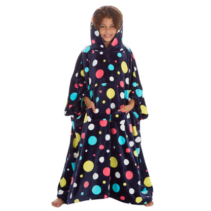 Huggable Hoodie Kids Fleece Oversized Poncho - Navy Spots
