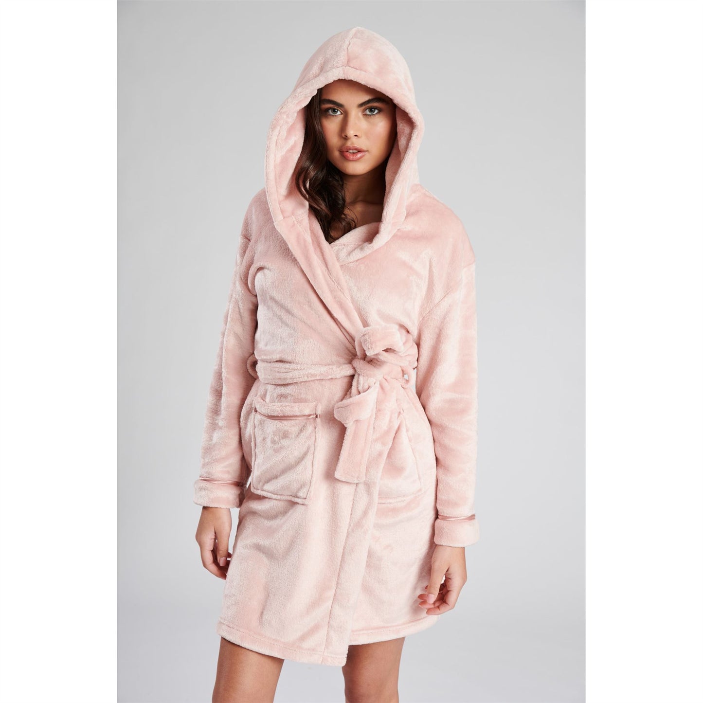 Loungeable Womens Satin Trim Fleece Hooded Robe - Dusky Pink