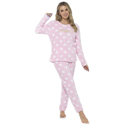 Foxbury Womens 'Snuggle Up' Heart Print Fleece Pyjamas - Pink