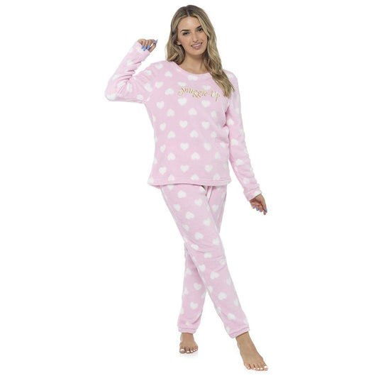 Foxbury Womens 'Snuggle Up' Heart Print Fleece Pyjamas - Pink