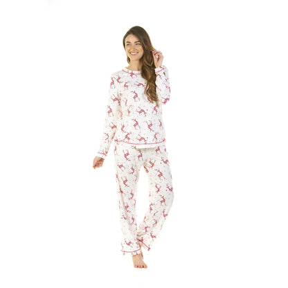 La Marquise Womens Jersey Knit Reindeer Pyjamas - Ivory