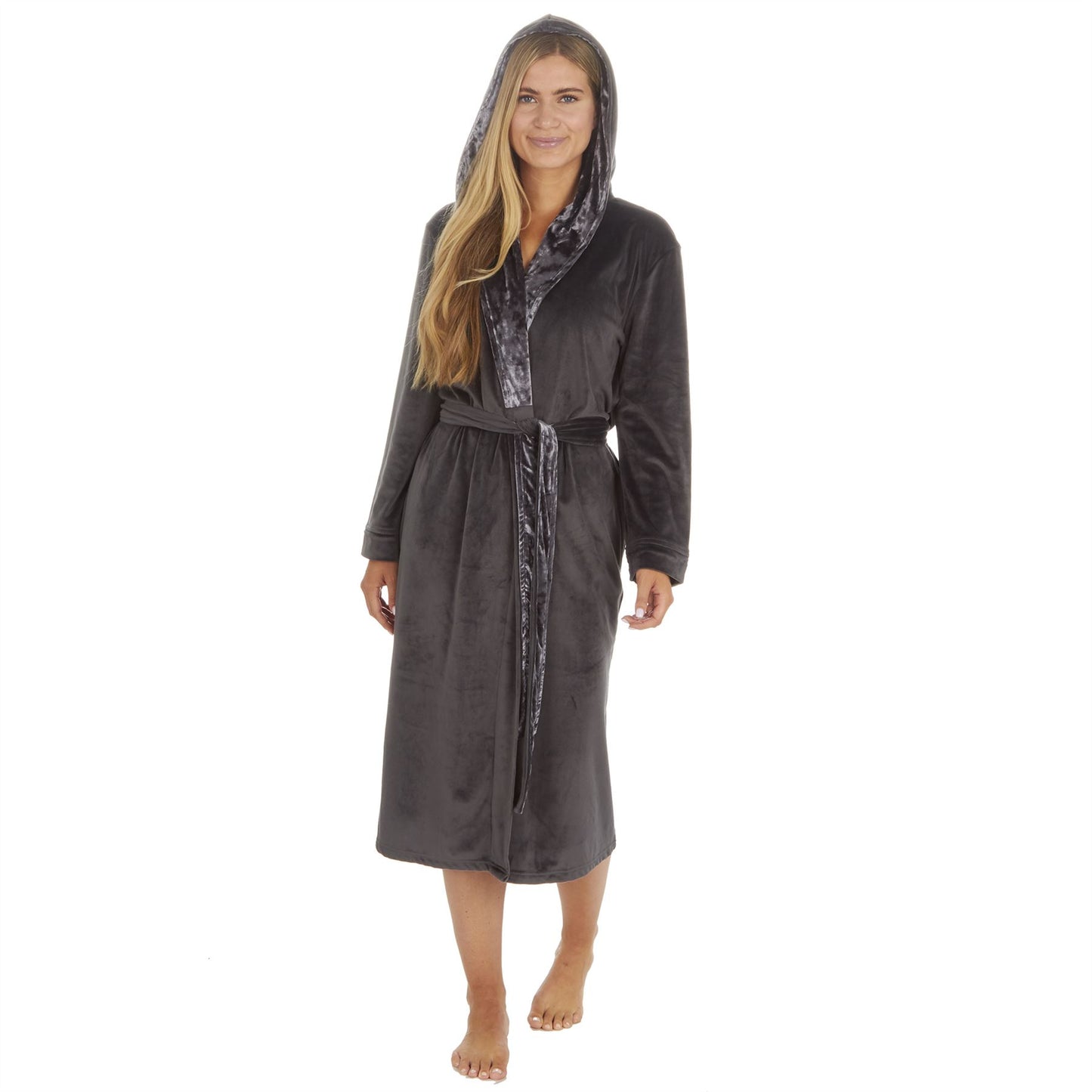 Forever Dreaming Womens Plush Velour Contrast Robe - Charcoal