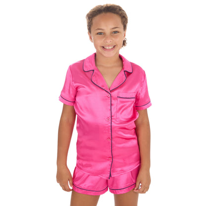 Slumber Party Girls Satin Pyjama Top and Shorts - Pink/Navy