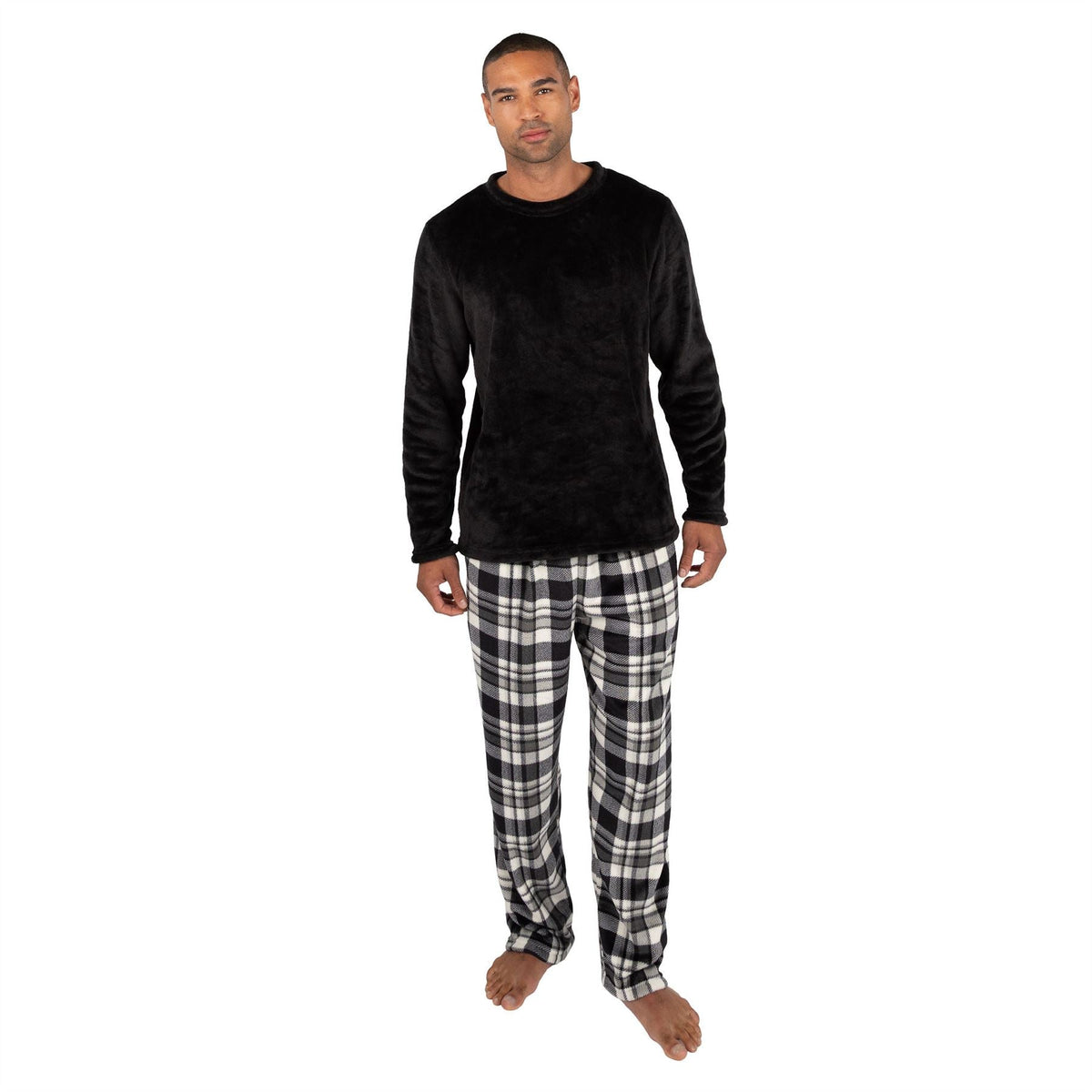 Cargo Bay Mens Crew Neck Fleece Pyjamas - Black Check Cargo Bay
