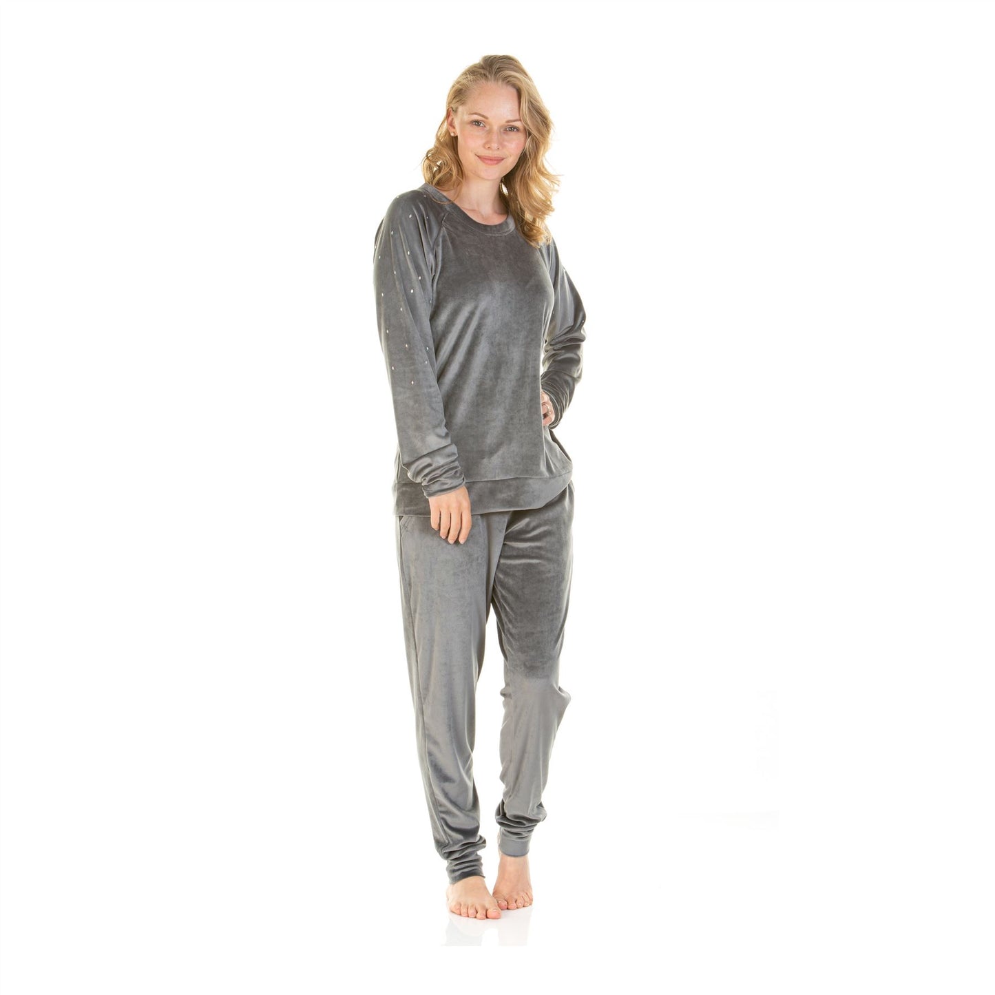 La Marquise Womens Velour Lounge Diamond Shoulder Pyjamas - Charcoal