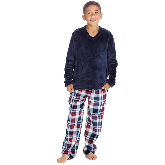Cargo Bay Kids Fleece Pyjamas - Navy/Burgundy Check