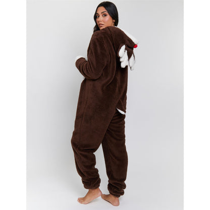 Loungeable Womens Reindeer Fleece Onesie - Brown/White