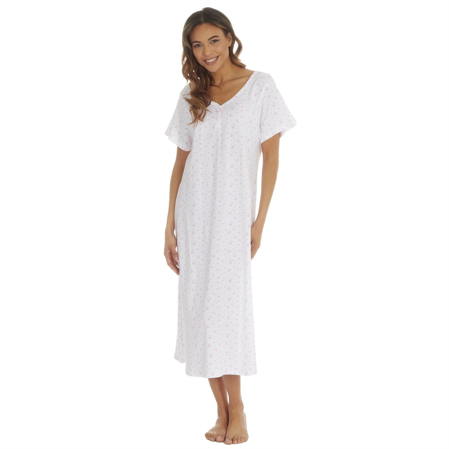 Cottonique Short Sleeve Floral Nightdress - White/Pink Cottonique