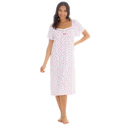 Cottonique Short Sleeve Floral Nightdress - White/Berry