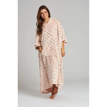 Loungeable Womens Foil Heart Long Luxury Fleece Hooded Poncho - Pink