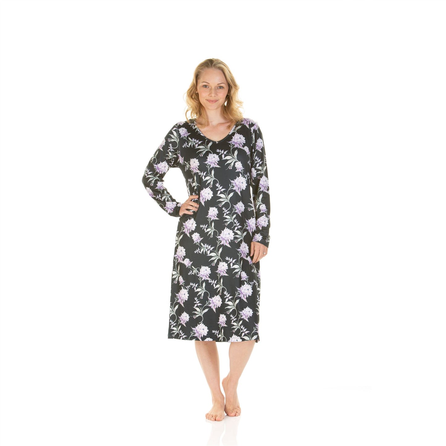 La Marquise Womens Floral Garden Long Sleeve Nightdress - Black