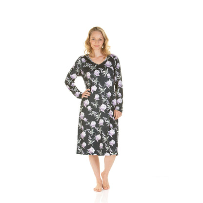 La Marquise Womens Floral Garden Long Sleeve Nightdress - Black