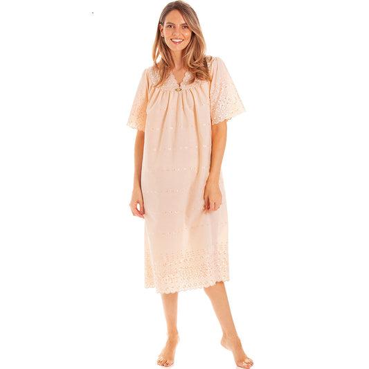 Lady Olga Womens V Neck Embroidery Anglaise Nightdress - Peach