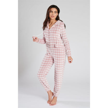Loungeable Houndstooth Fleece Onesie - Pink